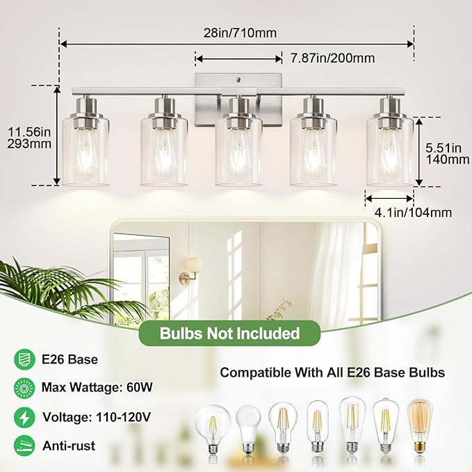 5-Light Bathroom Light Fixtures, Brushed Nickel Bathroom Vanity Light with Clear Glass Shades, Modern Bathroom Wall Lamp for Mirror Living Room Cabinet Bedroom Porch-CasaMuseHome