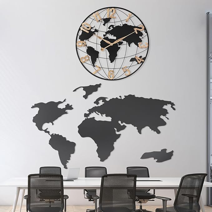 30 Inch Extra Giant Large Wall Clock Oversized,Black Big Metal Modern Decorative Silent World Map Wall Clock with Vintage Gold Arabic Numeral for Office,Living Room,Kitchen,Dining Room Decor-CasaMuseHome