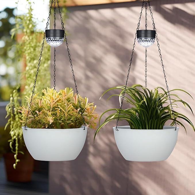 2 Packs Solar Hanging Basket Planters for Plants Outdoor, Self Watering White Flower Plants Pots with Solar Light Drainer for Balcony Patio Garden Outdoor Decoration-CasaMuseHome