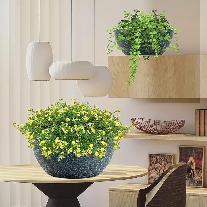 13inch Large Hanging Planters Pots for Outdoor Indoor Plants with Drainage Holes and Chain, 2pack Round Hanging Flower Pots for Garden Home Porch Decor, Black with Green Speckles-CasaMuseHome