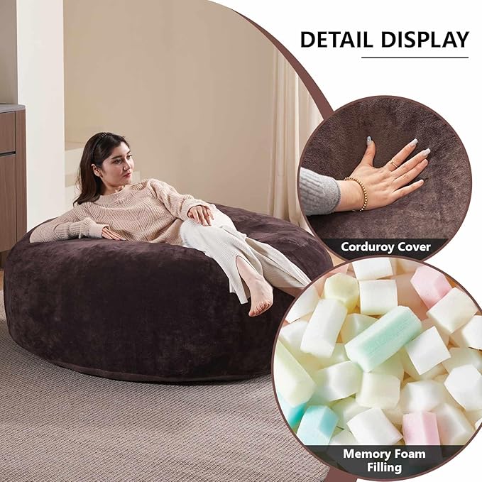 5FT,Big Bean Bag Chairs for Adults,Large beanbag with Filler Included,Memory Foam Material,Easy to Clean and Washable Corduroy Fabric,Suitable for Living Room and Bedroom (Brown, 5 Foot)-CasaMuseHome