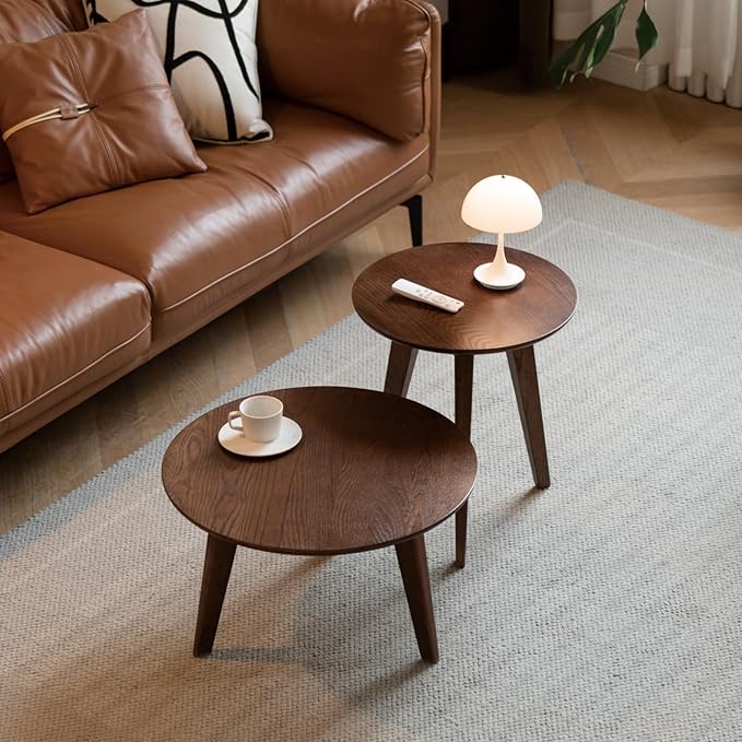 100% Solid Oak Wood Coffee Table Set, Round Coffee Table Combo Side Table w/Solid Wood Legs, Mid Century Table Sturdy Tables for Bedroom Balcony Living Room (Walnut, 3 Pieces)-CasaMuseHome