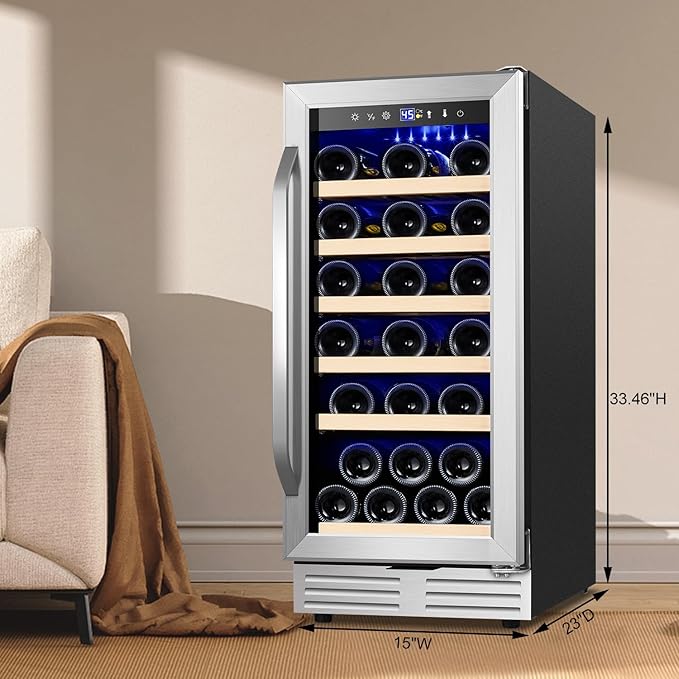 15 Inch Wine Fridge 32 Bottles Wine Cooler Refrigerator Undercounter Wine Fridge with Glass Door, LED Light, Removable Wooden Shelves, Built-in or Freestanding Wine Refrigerator for Home Office Bar-CasaMuseHome