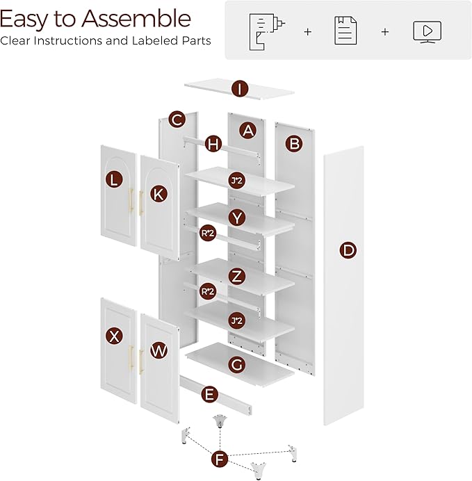 75" Tall Kitchen Pantry Storage Cabinet, Metal Storage Cabinets with 4 Doors and Adjustable Shelves,White Kitchen Hutch Cabinet with Microwave Stand, Large Cupboard for Dining Living Room-CasaMuseHome