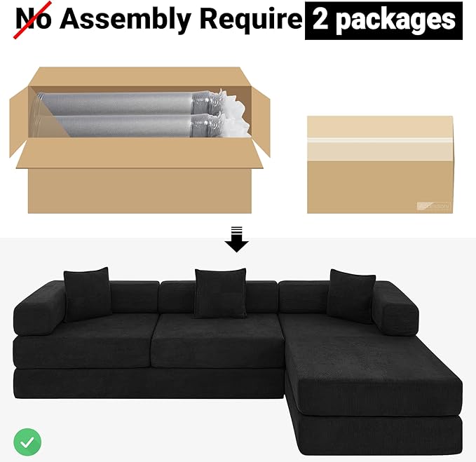 108" Oversized Convertible Sleeper Sofa Bed, Corduroy L Shape Sectional Couch, Folding Sofa Bed with Side Pocket, Modern Cloud Floor Mattress Couch, Modular Sofa for Living Room, Black-CasaMuseHome