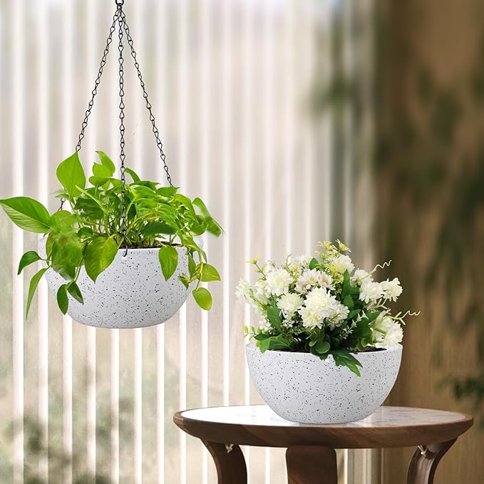 8 inch Hanging Planters for Small Indoor Outdoor Plants, 2 Pack Hanging Flower Pots with Drainage Holes and Chain for Garden Porch, Plastic Hanging Baskets for House Plants, Speckled White-CasaMuseHome