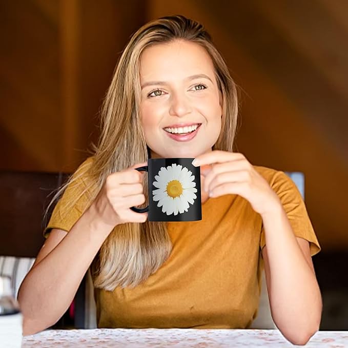 12Oz Daisy Black Ceramic Mug, Mug for Daily Coffee and Tea, Lead-free, Microwave and Dishwasher Safe Coffee Mug, Perfect gifts for women and men-CasaMuseHome