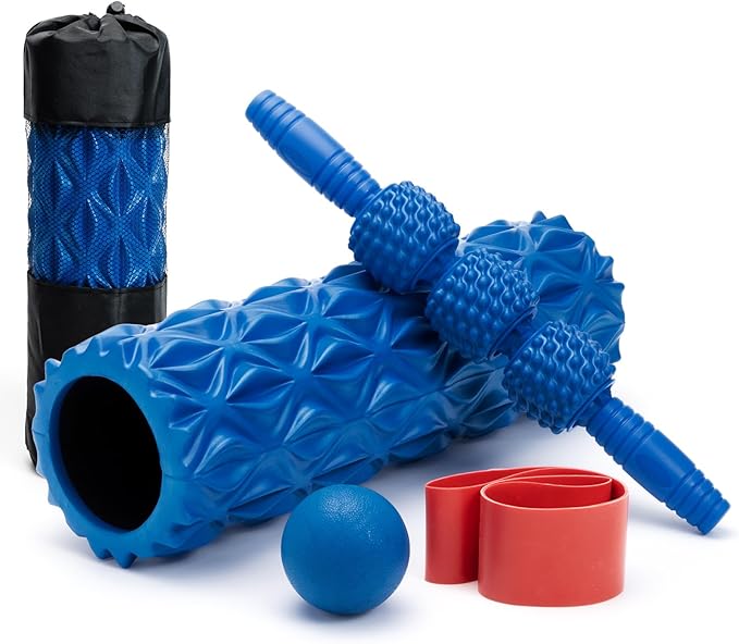 5 in1 Foam Roller Set, Trigger Point Foam Roller, Massage Roller Stick, Massage Ball, Resistance Band for Deep Muscle Massage Pilates Yoga,Fitness Exercise for Whole Body (Pure Blue)-CasaMuseHome