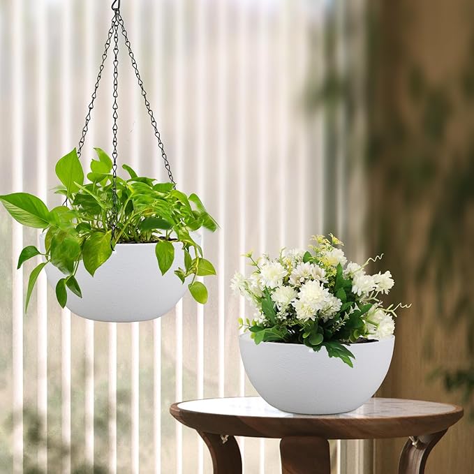 8 inch Small Hanging Planters for Indoor Outdoor Plants, 2 Pack Hanging Flower Pots with Drainage Holes and Chain for Garden Porch Plants, Plastic Hanging Baskets for House Plants, White-CasaMuseHome