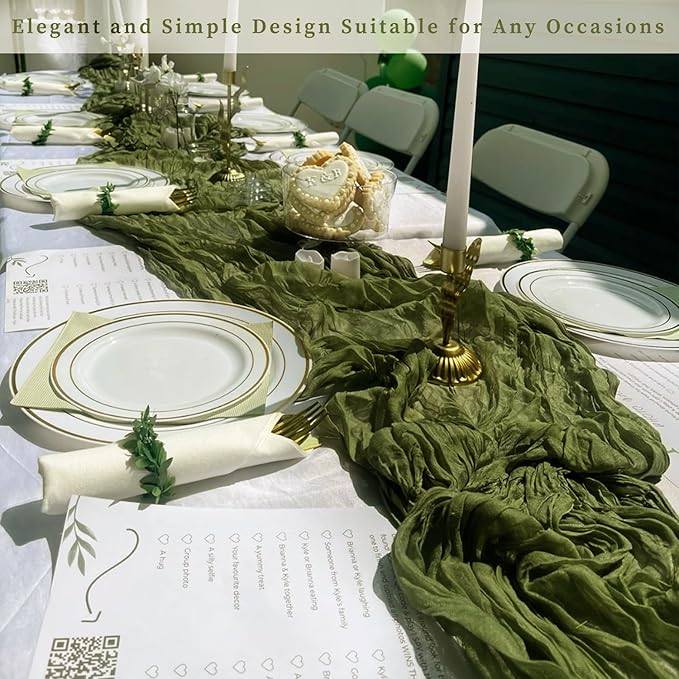 20 Pack Olive Green 10FT Cheesecloth Table Runner Rustic Gauze Cheese Cloth Table Runner for Wedding Bridal Baby Shower Table Decorations Boho Fabric Sheer Birthday Party Decor 20 x 120 Inch Long-CasaMuseHome