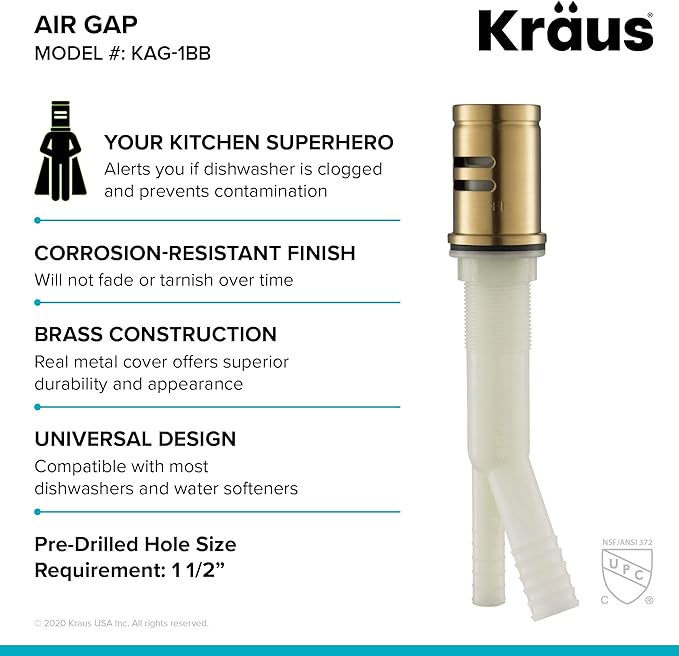 KRAUS Dishwasher Air Gap in Brushed Brass, KAG-1BB