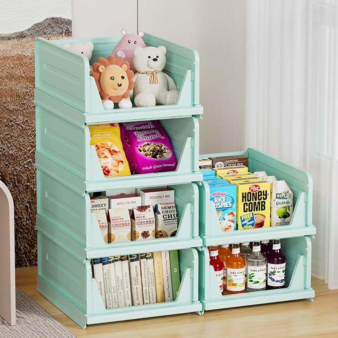 6 Pack Stackable Closet Storage Basket - Stackable Storage Bins, Multifunctional & Foldable Closet Organizer, Wardrobe Cupboard Space-Saving Hat Storage Drawer Organizer, Green-CasaMuseHome