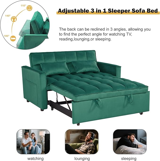 3 in 1 Sleeper Sofa Bed, Futon Sofa Bed for Living Room with Side Pocket, Green Sleepers Sofas Couch with Pullout Beds, Convertible Love Seat Sleepers Couch for Living Room, Bedroom-CasaMuseHome