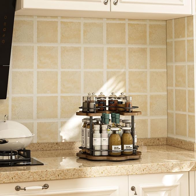 2 Tier Lazy Susan Organizer,2-Tier Spinning Spice Rack with Stable Carousel Base & 4 Height Settings for Cupboard Kitchen Countertop Dining Table Cupboard (Petal Shape)-CasaMuseHome