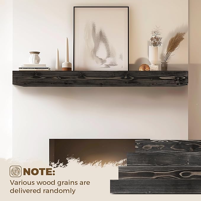 60x8x5 Fireplace Mantel - Handcrafted Hollow Rustic Solid Wood Wall Mounted Floating Shelf with Invisible Heavy Duty Wood Bracket (Weathered Black)-CasaMuseHome