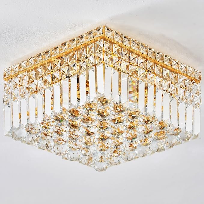 4-Light Gold Crystal Chandeliers Flush Mount Chandelier Light Fixture with K9 Crystals Modern Ceiling Lights Elegant Square Lamp for Bedroom,Hallway,Bar,Living Room,Dining Room,H5.9 xW13.7-CasaMuseHome