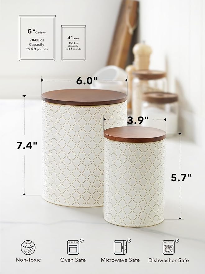 LE TAUCI Food Storage Containers with Airtight Lids, 78/25 oz Ceramic Sugar Canisters Sets, Embossed Large Jars for Pasta, Oats, Coffee Bean, Cookies, Rice, Grains, Tea - Set of 2, Fireworks-CasaMuseHome