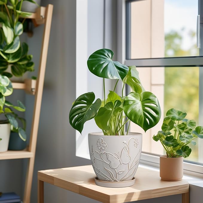 6 Inch Ceramic Plant Pot for Indoor Plants Outdoor Round Planter Flower Pot with Drainage Hole and Saucer for Home Garden Office Decor White-CasaMuseHome