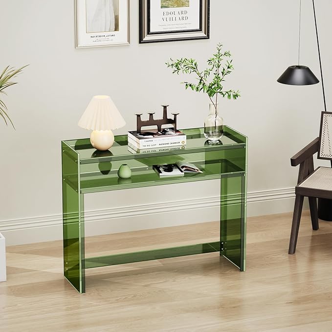 Acrylic Console Table, Entryway Table with Storage Shelves (Green)-CasaMuseHome