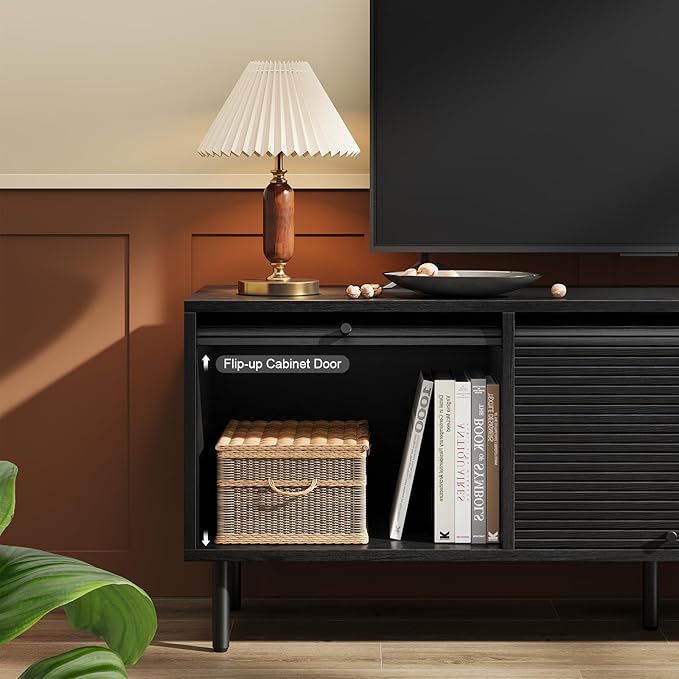 59 Inch TV Stand with Power Outlet for TVs up to 65 Inch, Entertainment Center with Storage, Mid-Century Modern TV Console, Adjustable Shelf & Sliding Doors, TV Stand for Living Room, Bedroom, Black-CasaMuseHome