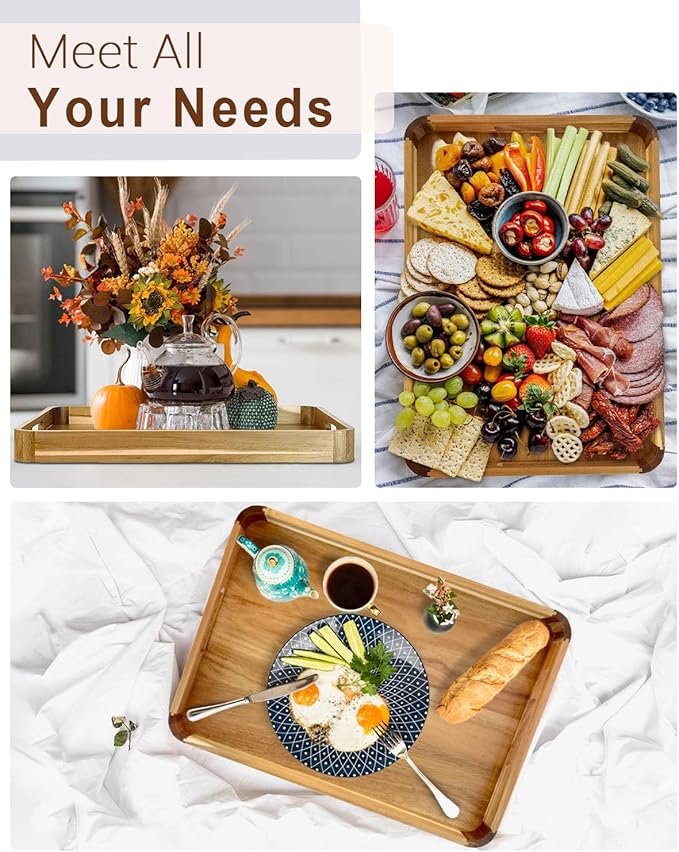 22 Inches Acacia Wood Serving Tray with Handles, Large Wooden Rectangle Ottoman Tray, Nice Home Decor for Living Room Coffee Table Couch, Ideal Size for Serving Food Breakfast BBQ Party-CasaMuseHome