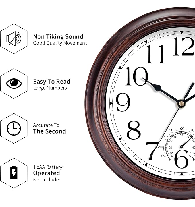 14 Inch Outdoor Wall Clock with Thermometers, Vintage Silent Wall Clocks Battery Operated, Retro Non-Ticking Clock Decorative for Living Room, Patio, Kitchen, Office, Bathroom, Bedroom(Bronze)-CasaMuseHome