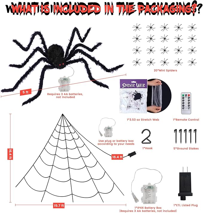 16.4 X 15.8Ft Giant Spider Web Halloween Decorations with 250 LED Lights, Halloween Spider Web Outdoor with 5Ft Large Spider, 3.53 Oz Stretch Web and 20 Small Spiders for Yard House Party Decoration-CasaMuseHome