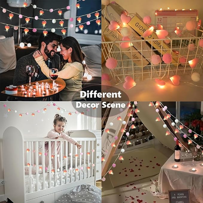9.85Ft String Lights with 20 Pink Heart LEDs 20 Pink Pom Poms Garland Lights with Timer Valentine Decoration for Home Kid Bedroom Mother's Day Wedding Party Valentine's Day Decor-CasaMuseHome