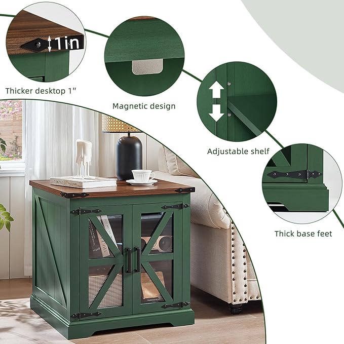 24" End Table with Charging Station, Farmhouse Night Stand with Glass Barn Door, Green Nightstands with Adjustable Storage Shelf, Large Wood Square Bed Side Table for Living Room, Bedroom-CasaMuseHome