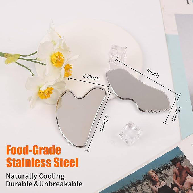 2Pcs Stainless Steel Gua Sha Facial Tools Set, Metal Face Comb Detail Skin Care Tools, Body and Face Gua Sha Sculpting for Tighten Skin Lymphatic Drainage-CasaMuseHome