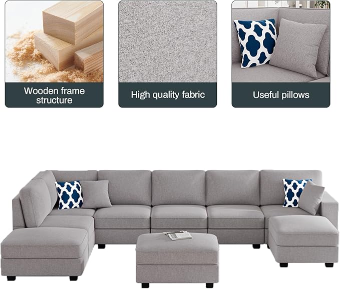 L Lengend Vansen Modular Sectional Sofa U Shaped Couch with Ottoman Modern Reversible Corner Sectional Couch for Living Room (Light Grey, U Shaped Sofa-4)-CasaMuseHome