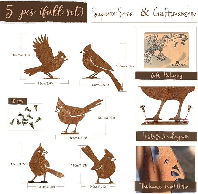 5PCS Rusty Birds Decoration, Garden Decor Spring Decorations Outdoor, Metal Birds Yard Decor Perfect Yard Art and Large Outdoor Ornaments, Cardinal Gifts,Metal Bird Silhouette Statues-CasaMuseHome