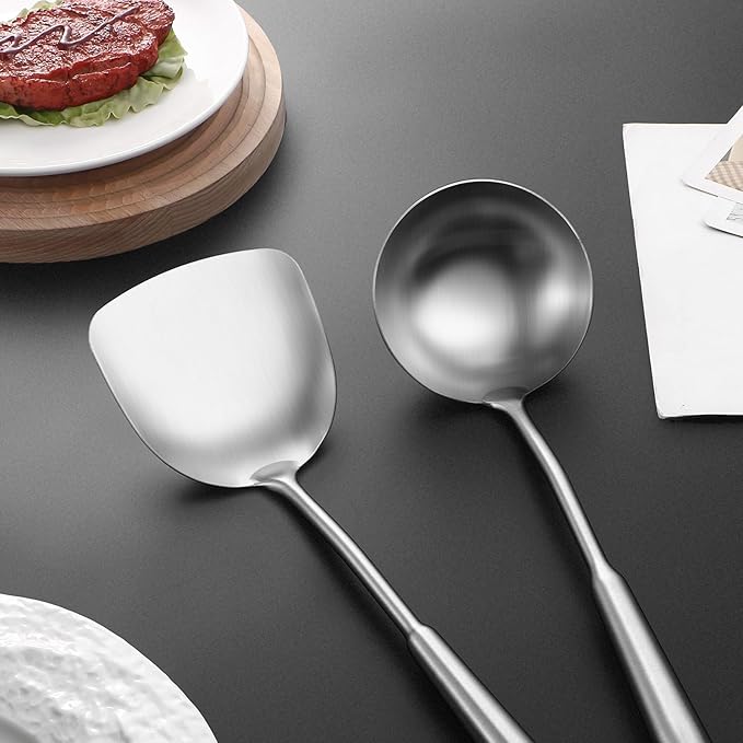 14-15" Wok Spatula and Ladle,2 PCS Wok Tools Set,304 Stainlss Steel Cooking Utensils,Matte Wok Accessories,Solid Wok Utensils-CasaMuseHome