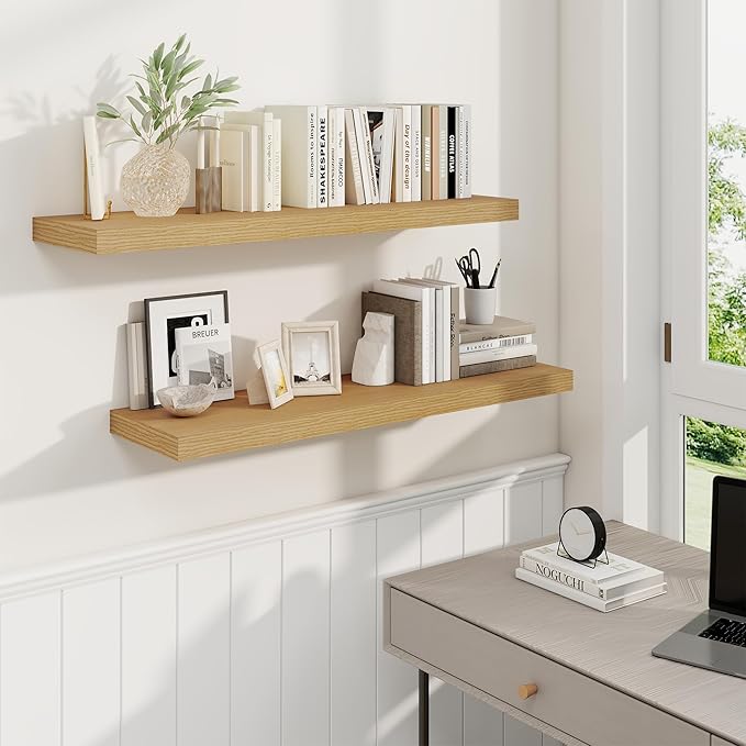 36 Inch Floating Shelves, 9.3 Inch Deep Rustic Wall Shelves - Extra Deeper Wall Mounted Storage Shelves for Bathroom, Kitchen, Living Room (Oak, Set of 2)-CasaMuseHome
