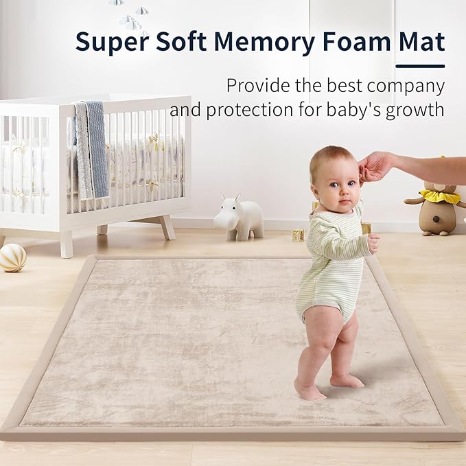 ACOMOPACK Baby Play Mat for Floor 1.3" Thick Memory Foam Play Mat 79"×157 Tummy Time Crawling with Non-Slip Bottom for Living Room,Nursery,Soft Velvet Playpen Mats for Kids,Infants(Beige)-CasaMuseHome