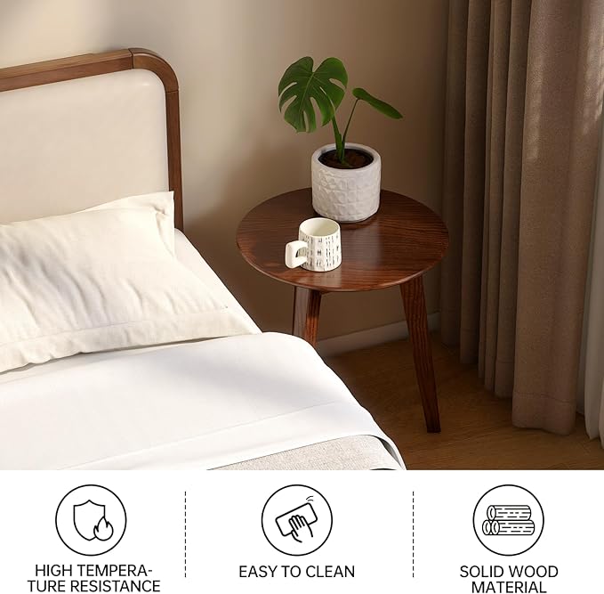 100% Solid Oak Round Side Table, Small Bedside Table for Small Spaces, Living Room End Table with Stable Frame, Modern Nightstand for Bedroom Couch, (Walnut, 17.71" D x 19.68" H)-CasaMuseHome