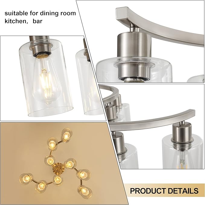 9-Light Brushed Nickel Glass Chandelier, Adjustable Height Hanging Industrial Dining Room Chandelier Over Table, Modern Farmhouse Chandelier for Kitchen Island Living Room Entryway Bedroom-CasaMuseHome