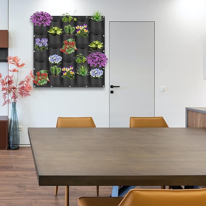 25 Pockets Hanging Planter Bags, Hanging Vertical Wall Mounted Plant Planting Grow Bags, Herb Garden Planter Outdoor Indoor Growing Bag, Gardening Vertical Greening Flower Container(1m×1m, Black)-CasaMuseHome