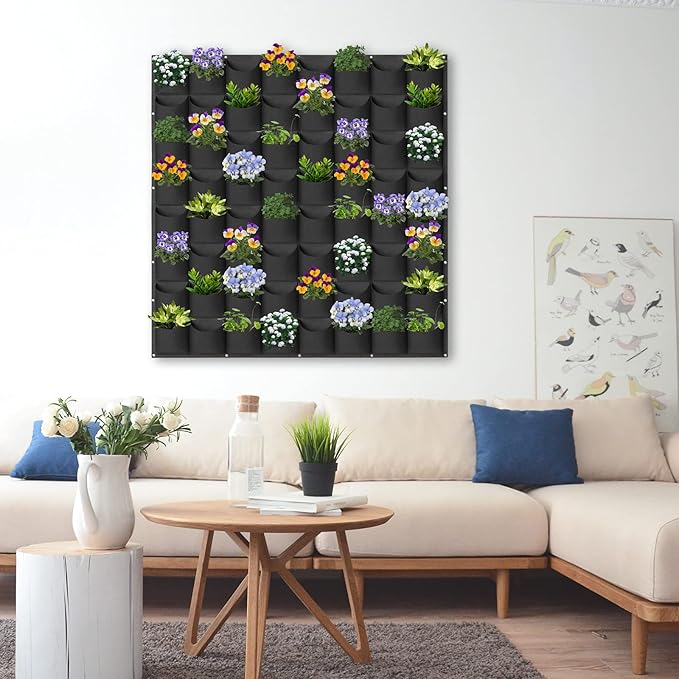 64 Pockets Hanging Planter Bags, Hanging Vertical Wall Mounted Plant Planting Grow Bags, Herb Garden Planter Outdoor Indoor Growing Bag, Gardening Vertical Greening Flower Container(1m×1m, Black)-CasaMuseHome