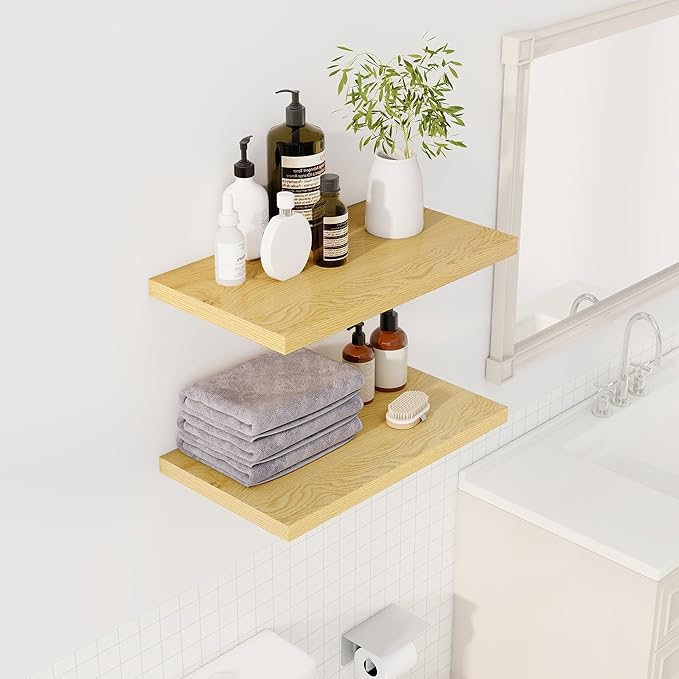 24" Floating Shelves for Wall, 12" Deep Slim Oak Floating Shelves, Wall-Mounted Shelves for Bedroom, Living Room, Kitchen, Bathroom - Set of 2-CasaMuseHome