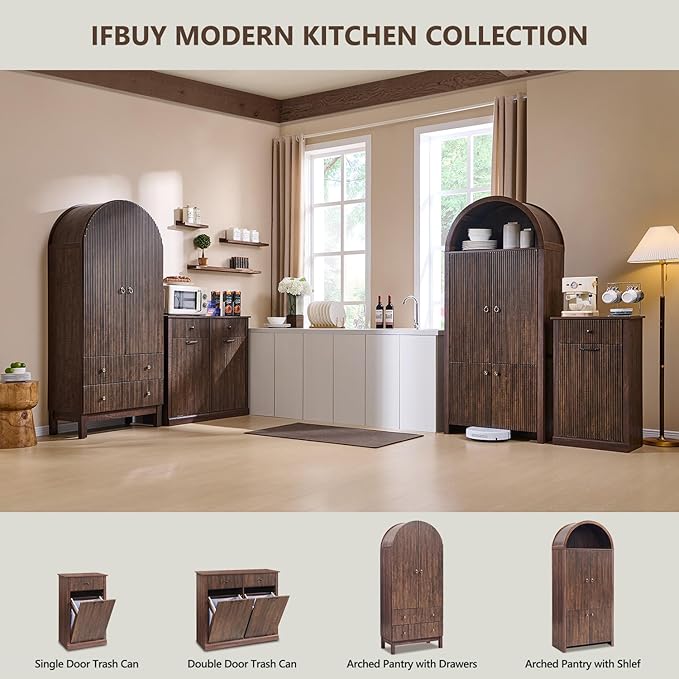 71" Tall Arched Bathroom Storage Cabinet, Modern Fluted Storage Cabinet w/Doors, 3 Adjustable Shelves, 6 Door Shelves, Wood Freestanding Cabinet for Bathroom, Entryway, Hallway, Brown-CasaMuseHome