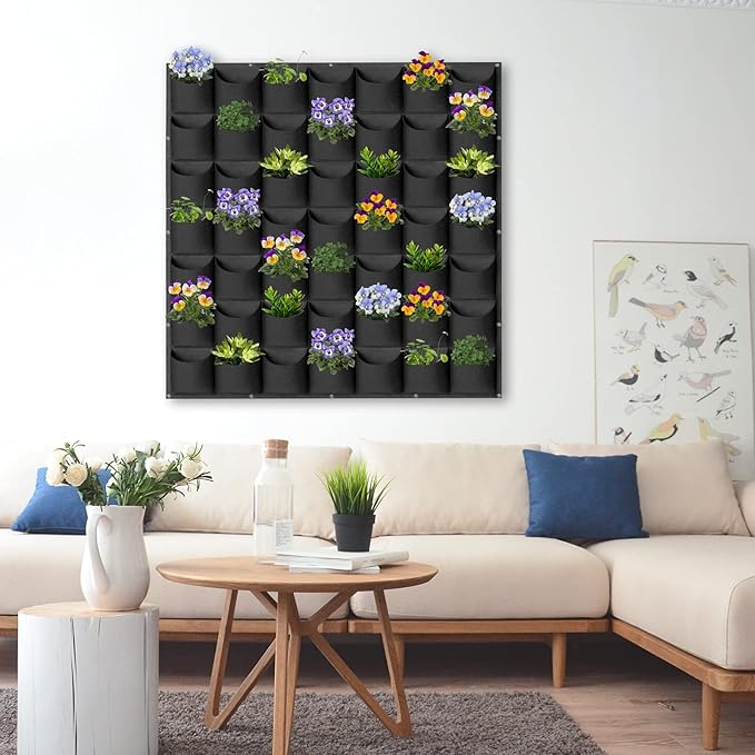 49 Pockets Hanging Planter Bags, Hanging Vertical Wall Mounted Plant Planting Grow Bags, Herb Garden Planter Outdoor Indoor Growing Bag, Gardening Vertical Greening Flower Container(1m×1m, Black)-CasaMuseHome