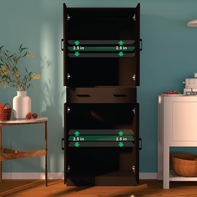 71" Tall Black & Rattan Pantry Cabinet - Boho Chic Kitchen Storage with Doors & Drawer for Dining Room, Hallway or Kitchen Organization-CasaMuseHome