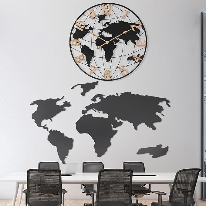 36 Inch Extra Giant Oversized Black Metal Wall Clock,Large Modern Decorative Silent World Map Wall Clock with Vintage Gold Arabic Numeral for Living Room,Entrance Fireplace,Dining Room Decor-CasaMuseHome