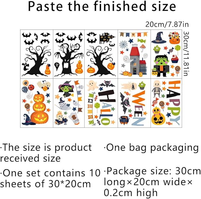 10 Sheets Halloween Window Clings Halloween Window Stickers Decorations Double-Sided Removable Castle Pumpkin Bat Glass Window Decals, Happy Halloween Window Clings for Kids Party Decorations-CasaMuseHome