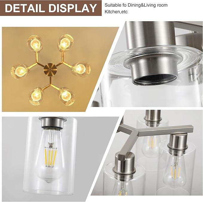 6-Light Modern Farmhouse Brushed Nickel Chandelier, Dining Room Light Fixture Over Table Adjustable Height Hanging Industrial Pendant Lights Kitchen Island, Clear Glass Shade-CasaMuseHome