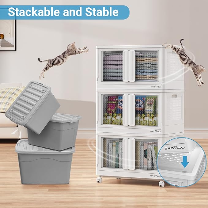 300Qt Stackable Storage Bins with Lids, 75Gal Closet Organizers and Storage Drawer, Plastic Collapsible Storage Bins with Doors, Heavy Duty Store Box Cabinet for Home Kitchen, 3Pack White-CasaMuseHome