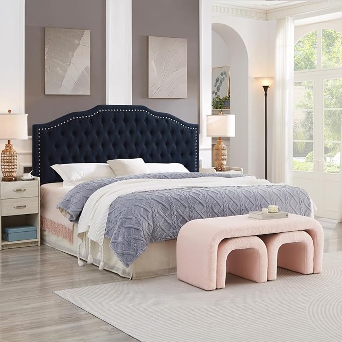 24KF Upholstered Button Tufted King Size Headboard with Nailhead Trim, Elegant Boucle Fabric California King headboard, 6031-K-Boucle-Navy-CasaMuseHome
