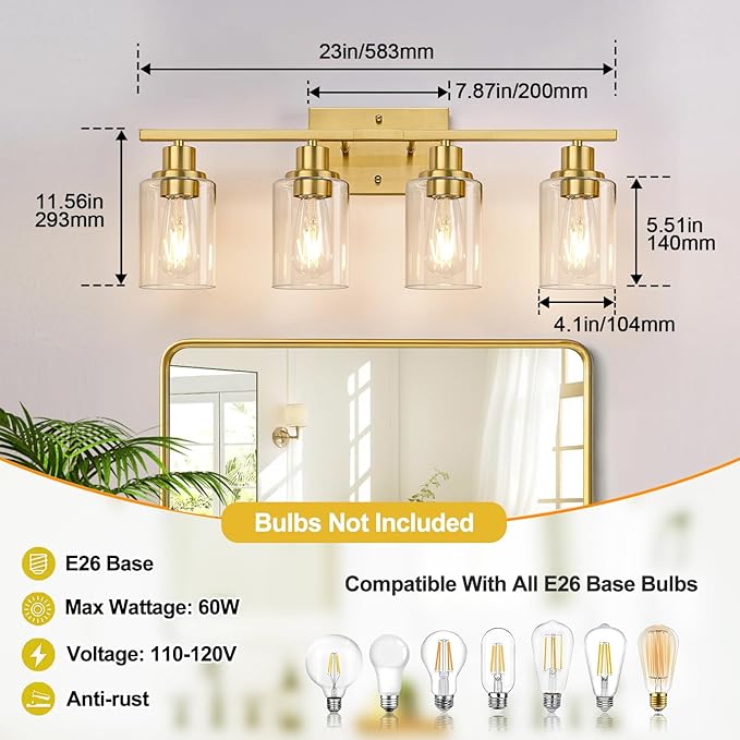 4-Light Vanity Lights with Clear Glass Shades, Brushed Gold Bathroom Light Fixtures Over Mirror, Modern Bathroom Wall Lamp for Mirror Living Room Cabinet Bedroom Porch-CasaMuseHome