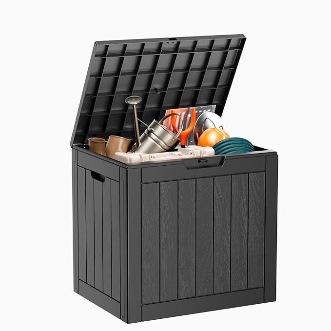 31 Gallon Resin Deck Box, Lockable Patio Outdoor Storage Box for Furniture, Garden Tools and Tools Storage, Waterproof Outside Storage Boxes - Black-CasaMuseHome